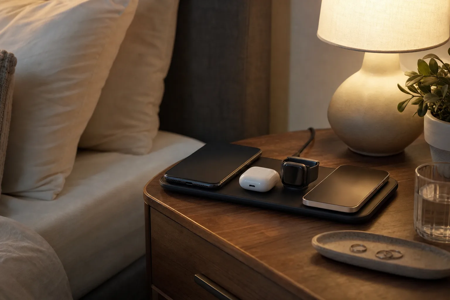 Lifestyle scene illustrating best bedside chargers for couples with too many devices