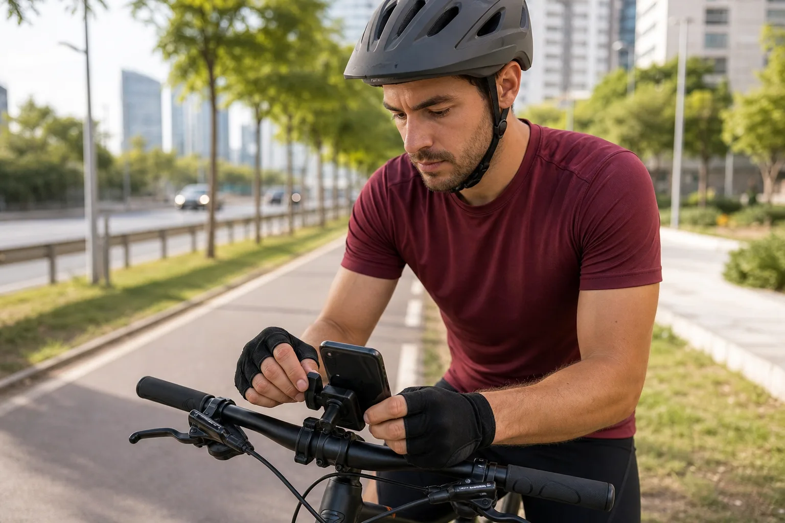 Lifestyle scene illustrating bike phone mounts: a practical safety checklist