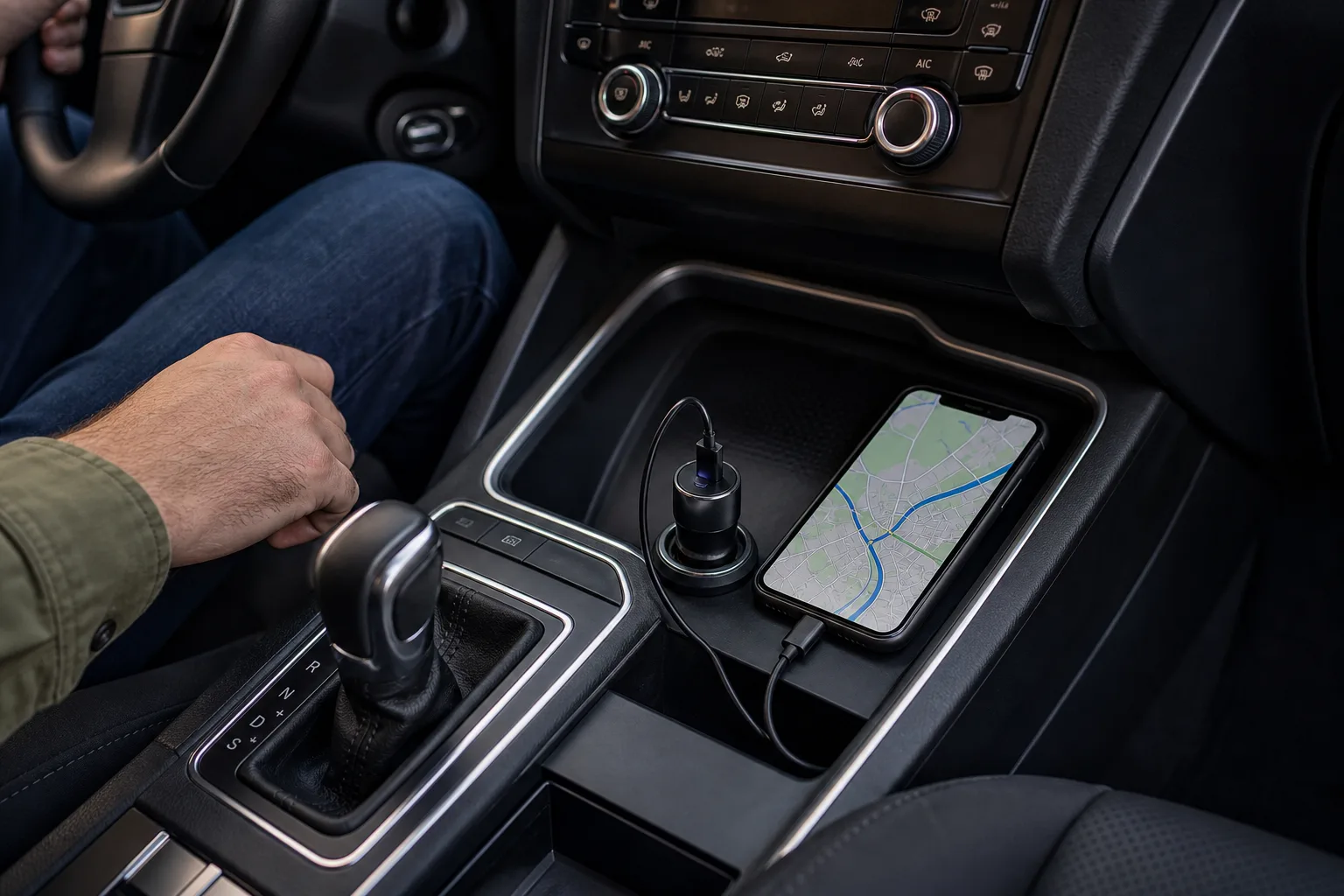 Lifestyle scene illustrating car chargers that keep navigation running on long drives