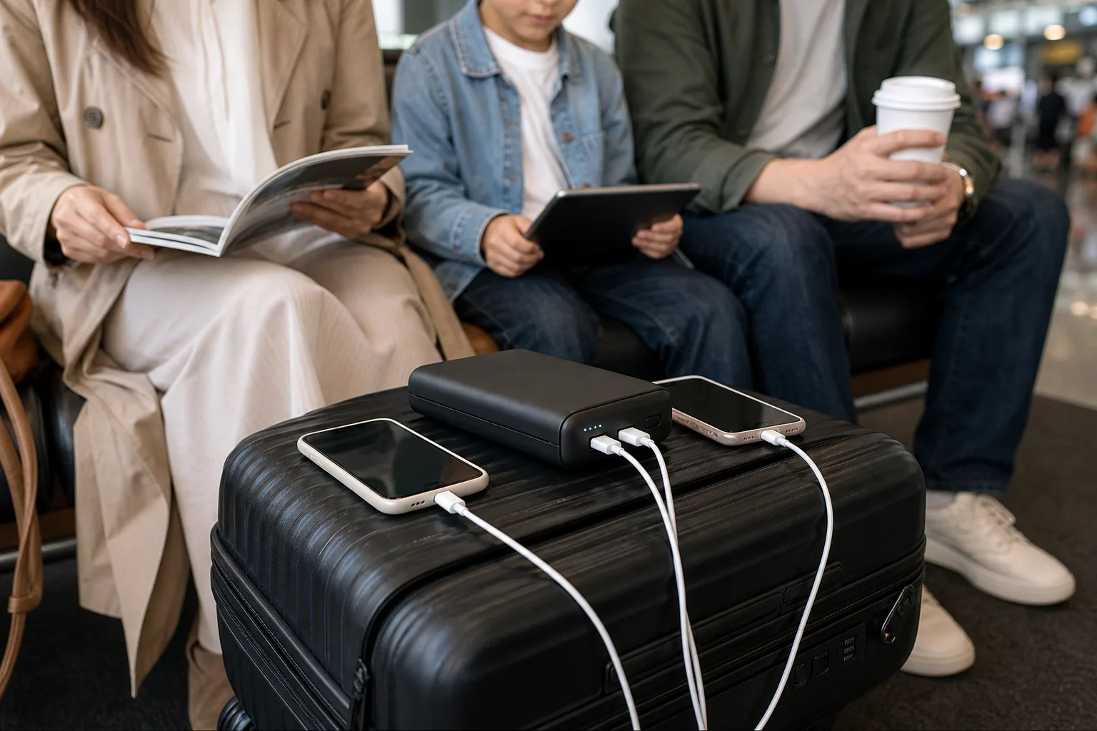Lifestyle scene illustrating high-capacity power banks for flights and family trips