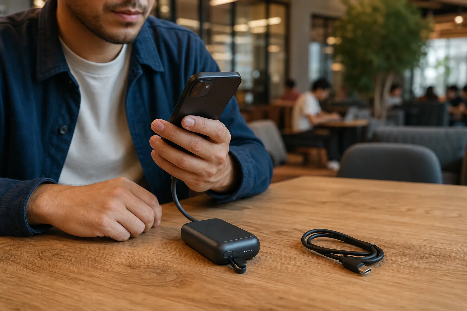 Lifestyle scene illustrating power banks with built-in cables: convenience vs repairability