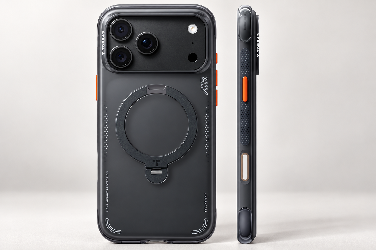 Listing-based illustration of the Shadow Black TORRAS Q3 Air iPhone 18 Pro case, rear and side views