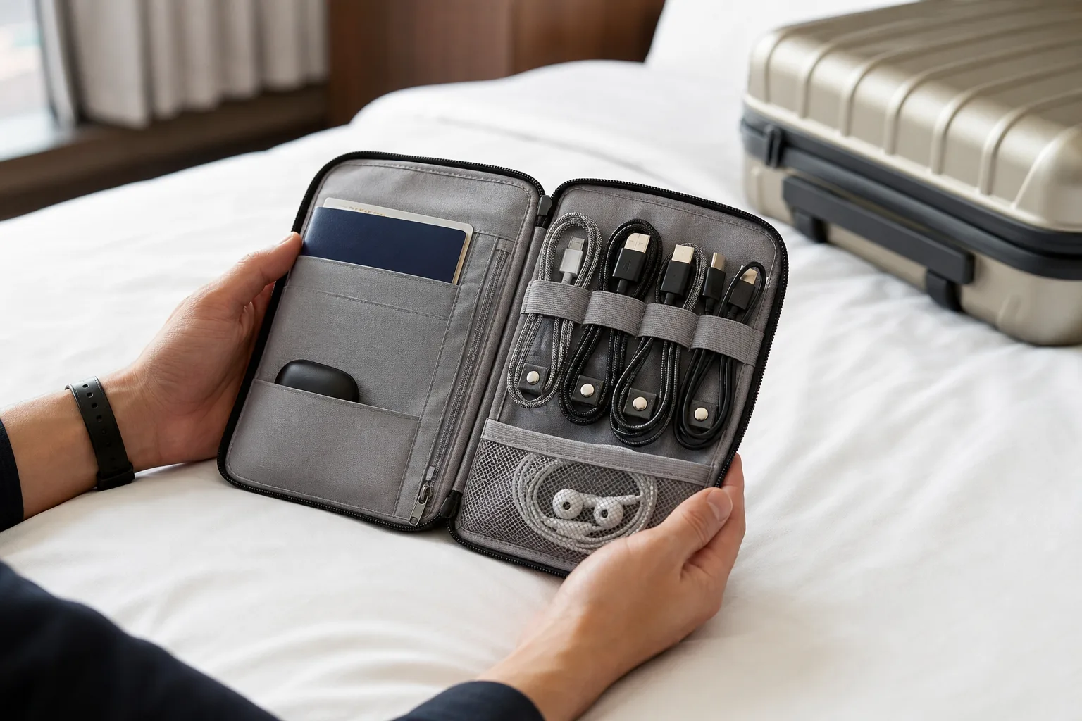 Lifestyle scene illustrating travel cable kits that fit in a passport pouch